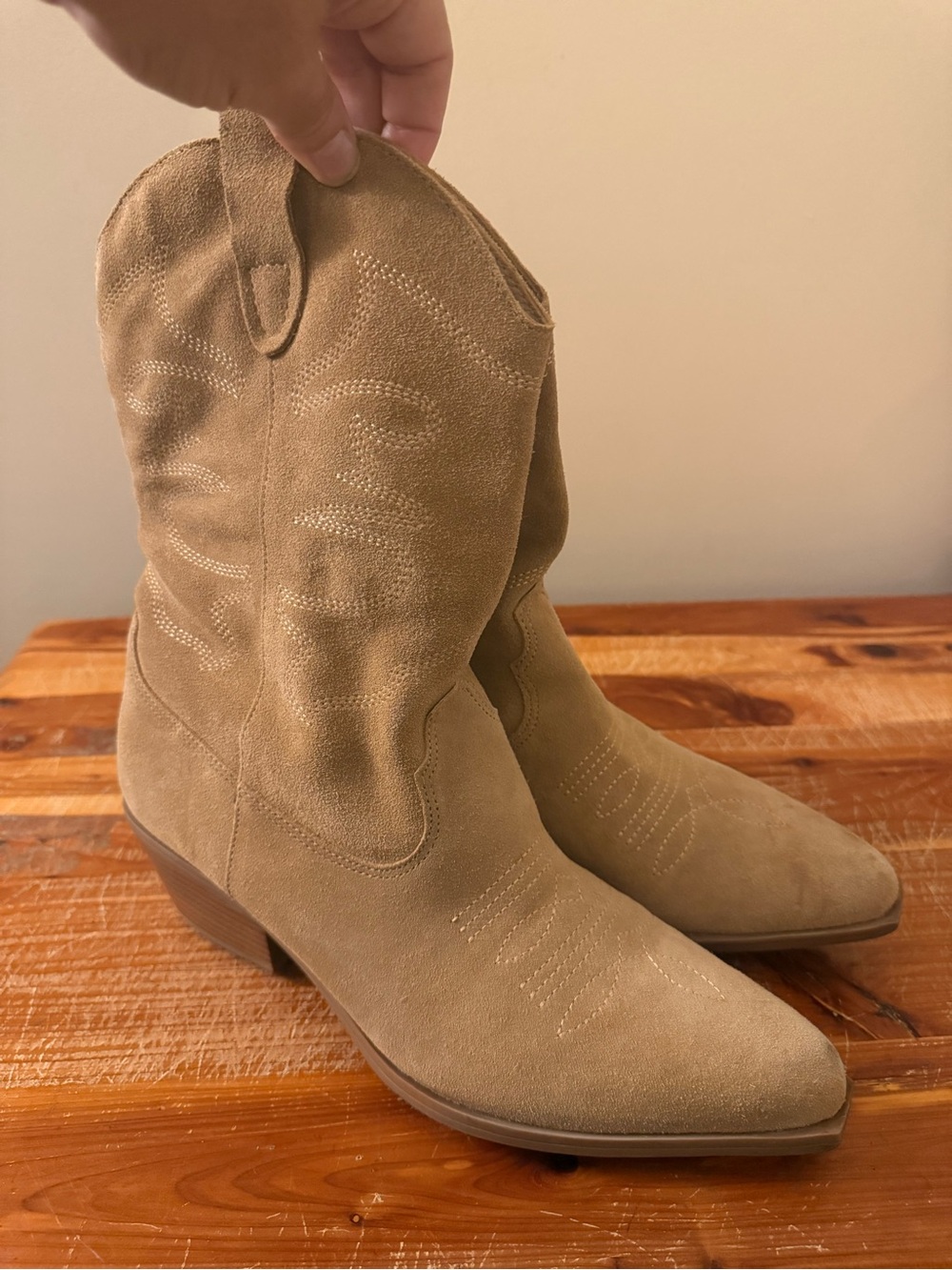 Women’s Suede Western Ankle Booties in Tan